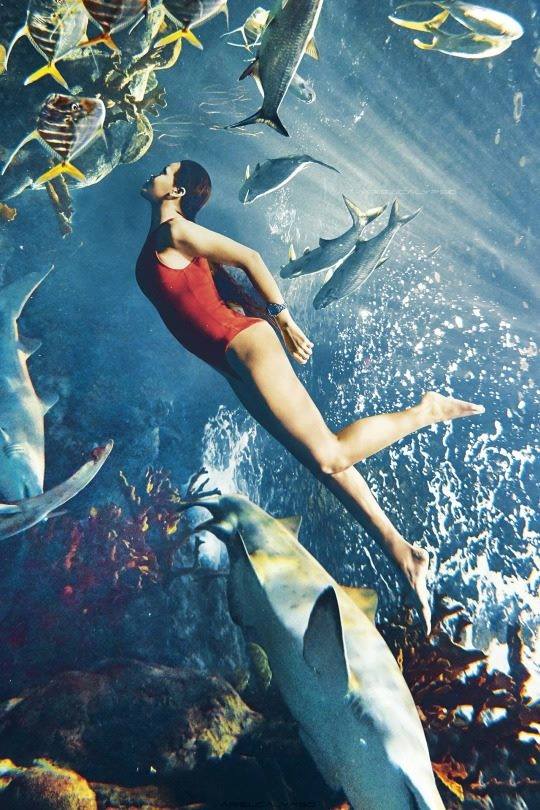 Rihanna nuota con gli squali nel servizio fotografico per il magazine Harpers Bazaar